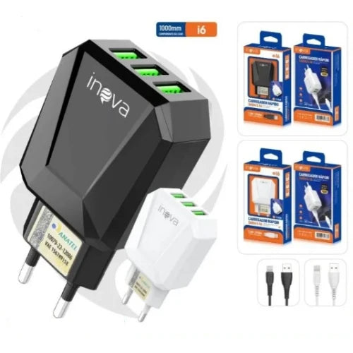 Carregador Lightning Inova 3 USB 5.1A Cabo 1 Metro Car-3258A