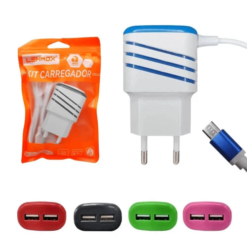 Carregador Turbo V8 Lehmox Saquinho 3.6 Max 2 USB LE-493 ** Cores Variadas