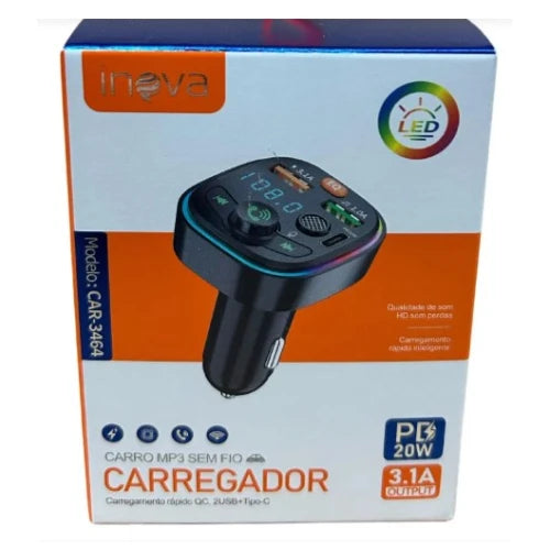 Carregador Veicular Led Inova MP3 Sem Fio 3.1A PD20W CAR-3464