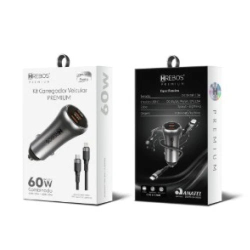 Kit Carregador Veicular HREBOS Premium entrada Tipo C Tipo C Cabo Tipo C Tipo C 60W CRV-203CC